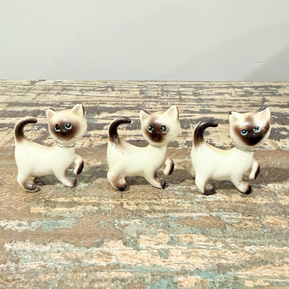 Siamese‎ Cat Figurines MCM X3 Ceramic Mini Hagen Renaker Kitten Blue Eyes